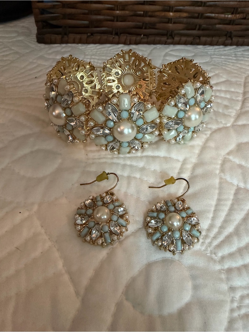 Gold Floral Pearl and Mint Crystal Bracelet with Matching Earrings